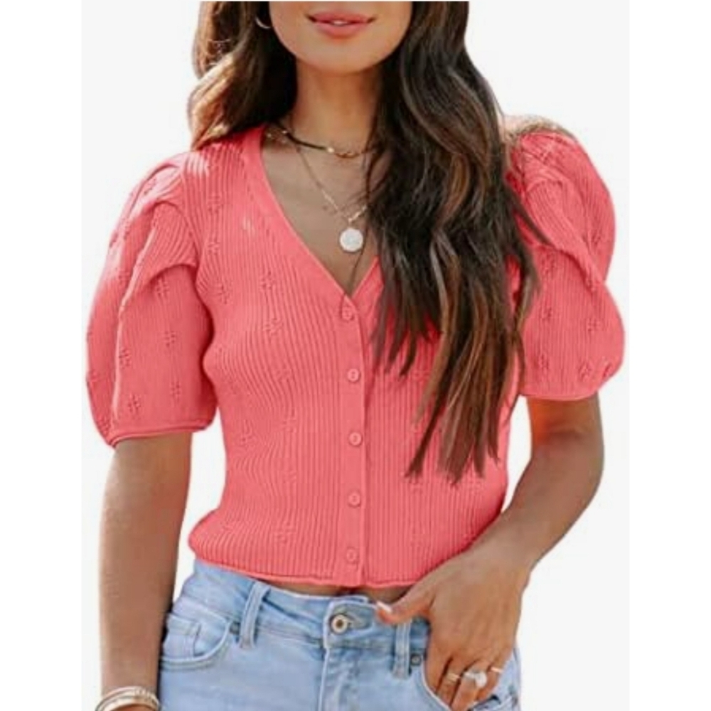 Shermia Short Puff Sleeve Vneck Button Down Sweater Coral Size L